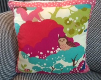 Child's woodland animal cushion with owl and squirrel for girl's bedroom