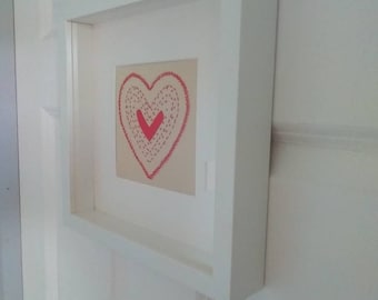 Red love heart Scandi style hand embroidery in white box frame