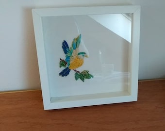 Sparkly kingfisher framed hand embroidery with beading and gold threads