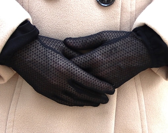 Sheer Black Dotty Vintage Glove with Frilly Cuff - S/M