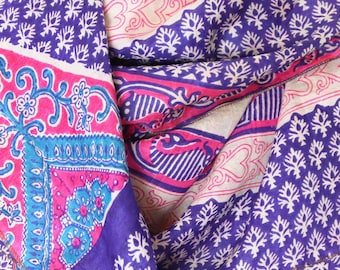 Pink Vintage Indian Silk Scarf,  Large Purple and Turquoise - 102 x 102 cm