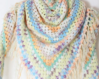 Vintage Crochet Pastel Fringed Shawl - Centre Back Drop 90CM