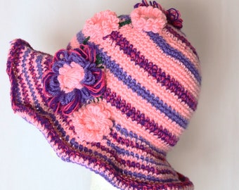 Pink and Purple Flower Cloche Bucket Hat, Hand Crafted Crochet – 50cm-56cm Head