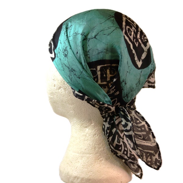 Vintage Turquoise and Black Silk Feel Scarf with Oriental Style Symbols – 50 x 50 cm