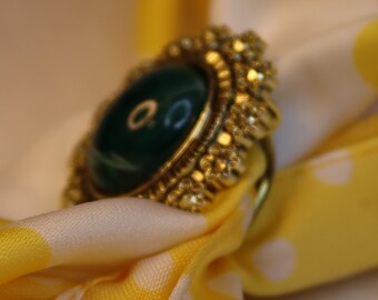 Vintage Scarf Ring – Oval Green Stone in Gold Coloured Clip Setting