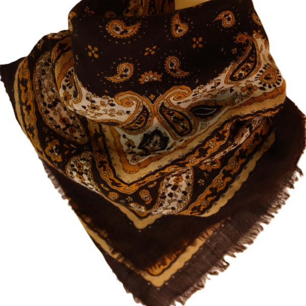 Vintage Dark Brown Paisley Wool Head-Scarf – 64 x 64 cm