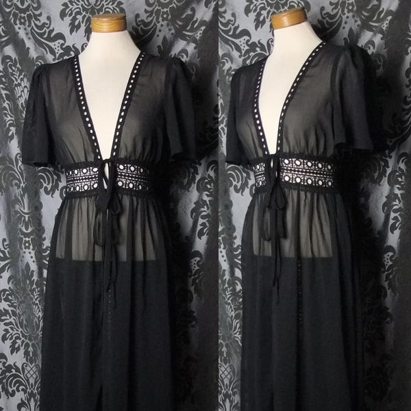 Gothique long noir transparent * MACABRE MISTRESS * liens en dentelle 8 10 plumeaux kimono pin up