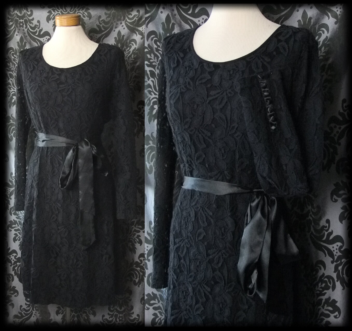 Image of Gothic Black Lace Conceited Buttoned Cuff Sash Tie Dress   Vintage Glamour