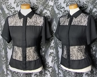 Gothic Black Sheer Lace Panel MAUDLIN Short Sleeve Blouse 10 12 Vintage Glamour