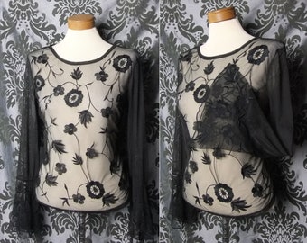 Gothic Black Sheer Embroidery LIFE OF SHADOWS Wide Cuff Blouse 10 12 Victorian Vintage