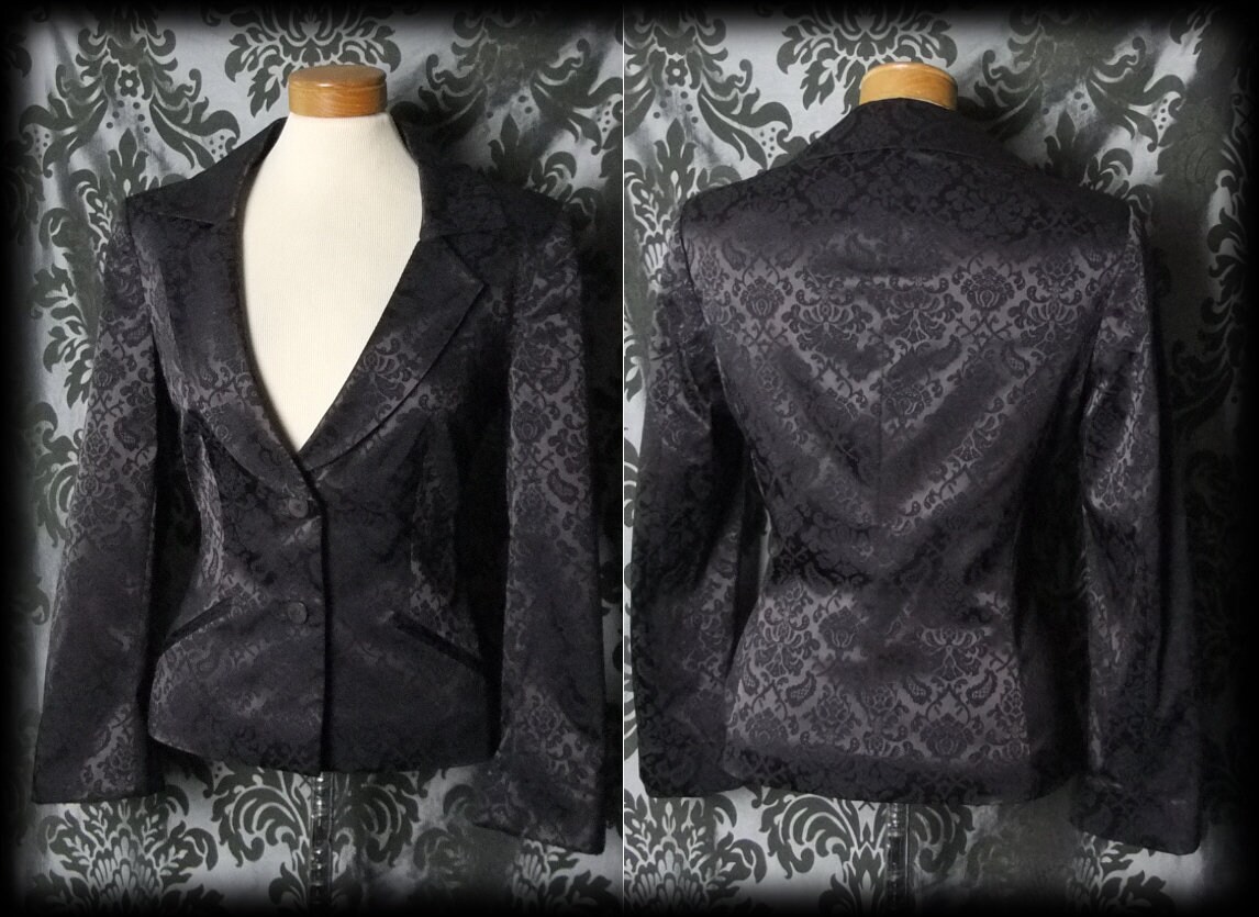 Image of Gothic Dark Brown Satin Damask Pessimism Fitted Jacket   Formal Victorian Steampunk