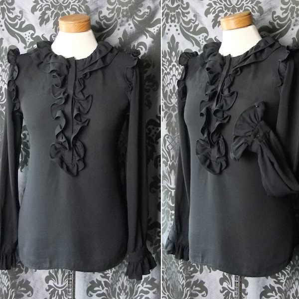 Corporate Goth Black Frilled Bib MISFORTUNE Blouse 8 10 Victorian Vintage