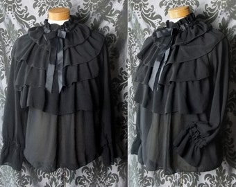 Gothic Dramatic Black Frill Bib GOVERNESS Pussy Bow Blouse 12 14 Victorian Vintage