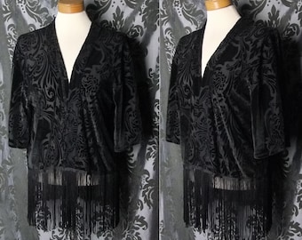 Trad Goth Black Devore Velvet REVERENCE Fringed Shrug Kimono 10 12 Vintage Pin Up