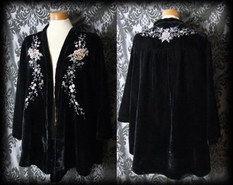Gothic Black Crushed Velvet GRANDEUR Embroidered Jacket Kimono 20 22 + Vintage