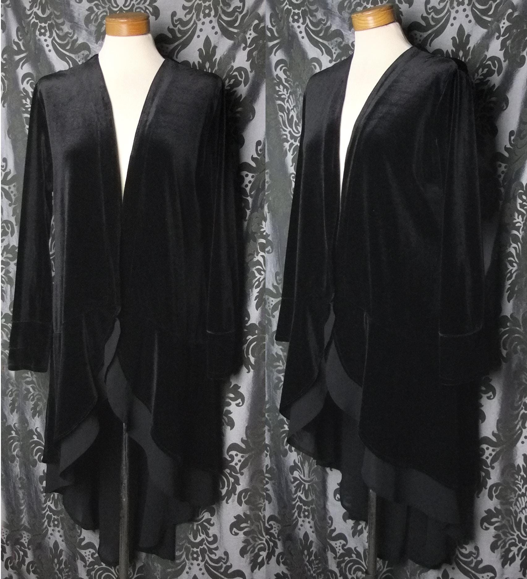 Trad Goth Jet Black Crushed Velvet WITHOUT MERCY Long Duster Jacket 10 ...