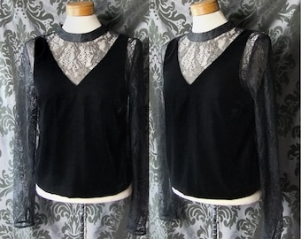 Trad Goth Jet Black Velvet LIFE OF SHADOWS Top a collo alto con maniche in pizzo 8 10 Vintage retrò anni '90