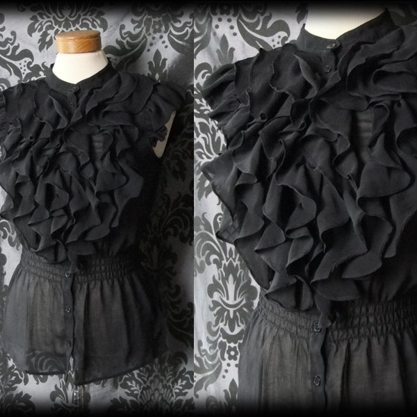 Gothic Black Sheer Frilled TRANSYLVANIAN High Neck Blouse 8 10 Victorian Vintage