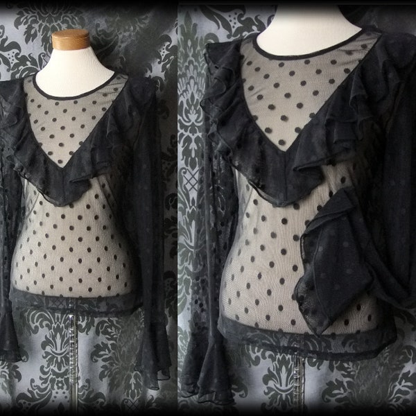 Gothic Black Sheer Polka Dot DARK CABARET Frilled Blouse 4 6 Victorian Vintage