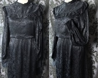 Gothic Black Satin Bib Detail High Neck VICTORIAN GOVERNESS Satin Dress 12 14 Vintage