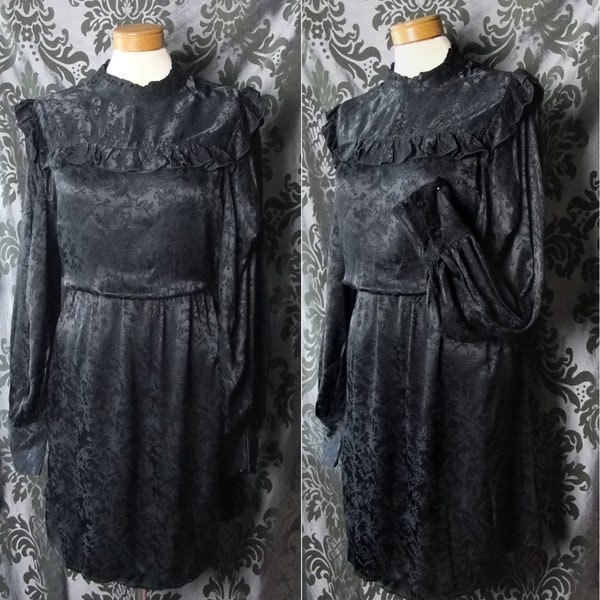 Gothic Black Satin Bib Detail High Neck VICTORIAN GOVERNESS Satin Dress 12 14 Vintage