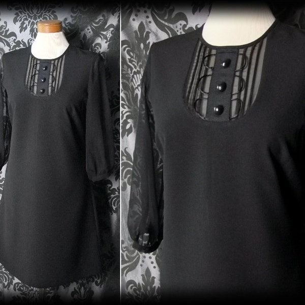 Gothic Black Button Bib ACCURSED Sheer Sleeves Tea Dress 6 8 Vintage Retro Mod 60's