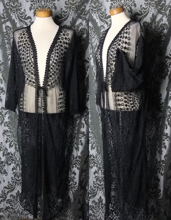 Gothic Long Black Sheer Lace SPIRAL DANCE Tie Shrug Kimono Cover Up 14 16 Vintage Pin Up