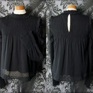 Gothic Black High Collar SPELLBOUND Bib Detail Smock Blouse 8 10 Victorian Vintage