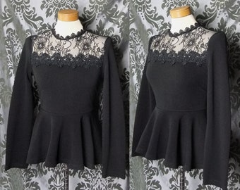 Gothic Black Lace Bib VICTORIAN GOVERNESS High Neck Peplum Blouse 6 8 Vintage Pin Up