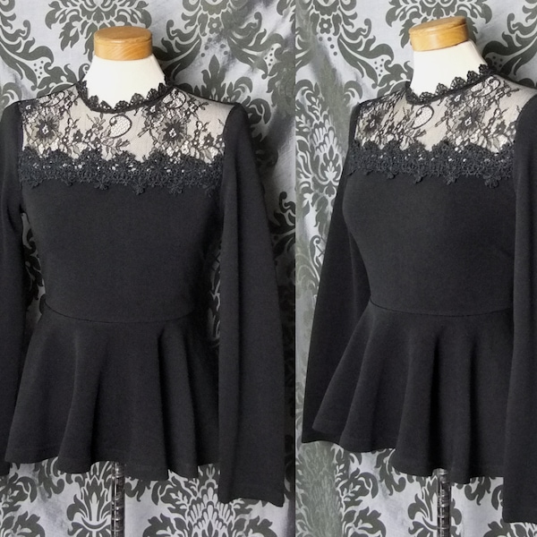 Gothic Black Lace Bib VICTORIAN GOVERNESS High Neck Peplum Blouse 6 8 Vintage Pin Up