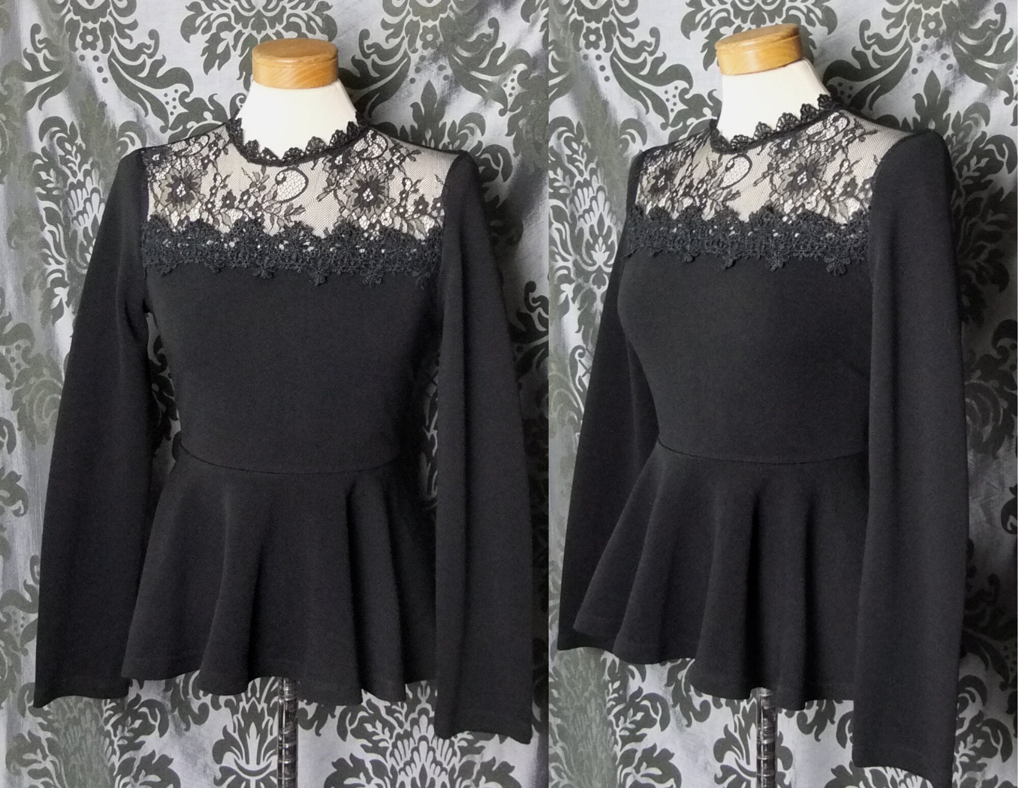 Gothic Black Lace Bib VICTORIAN GOVERNESS High Neck Peplum