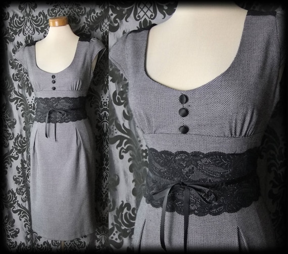 Gothic Grey Black Lace Fitted DALLIANCE Dress 8 10