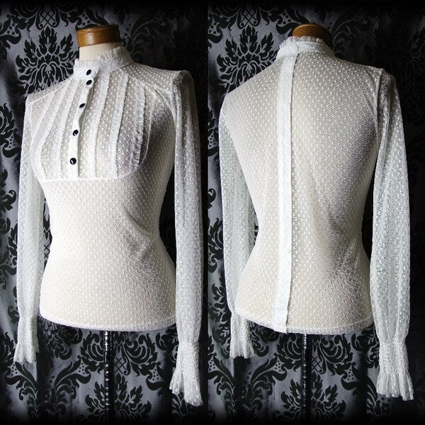 Gothic White Lace Bib Detail STRICT GOVERNESS High Neck Blouse 6 8 Victorian