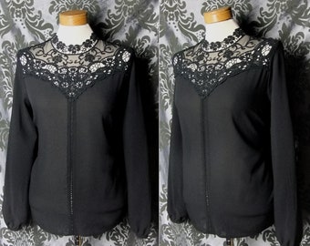 Gothic Black Lace Bib Detail VICTORIAN GOVERNESS High Neck Blouse 10 12 Vintage Formal