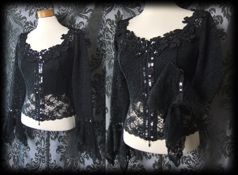 Gothic Black Lace Sequin Detail NIGHTFALL Wide Sleeve Top 8 10 Vintage Vampire