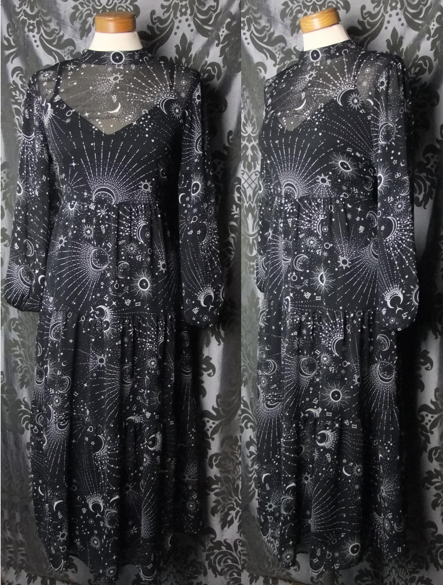 Gothic Long Black Tiered CELESTIAL High Neck Tea Dress 10 12 Witch Governess Gothic Long Black Tiered CELESTIAL High Neck Tea Dress 10 12 Witch Governess