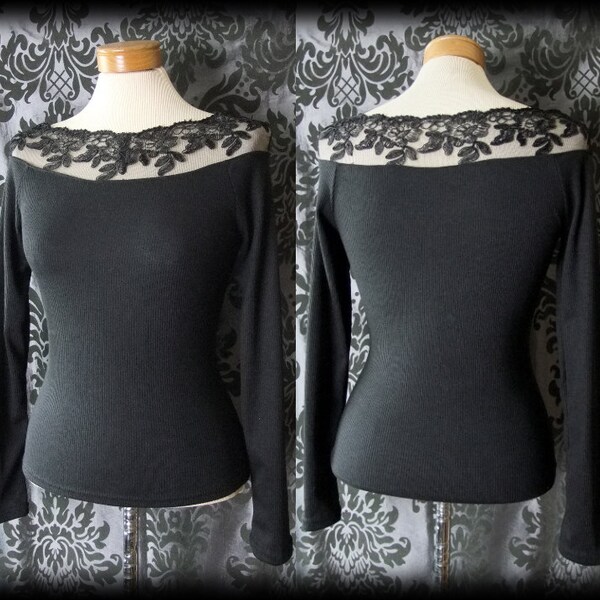 Goth Black Fitted Lace Neckline DIABOLIC Long Sleeve Top 8 10 Victorian Vintage