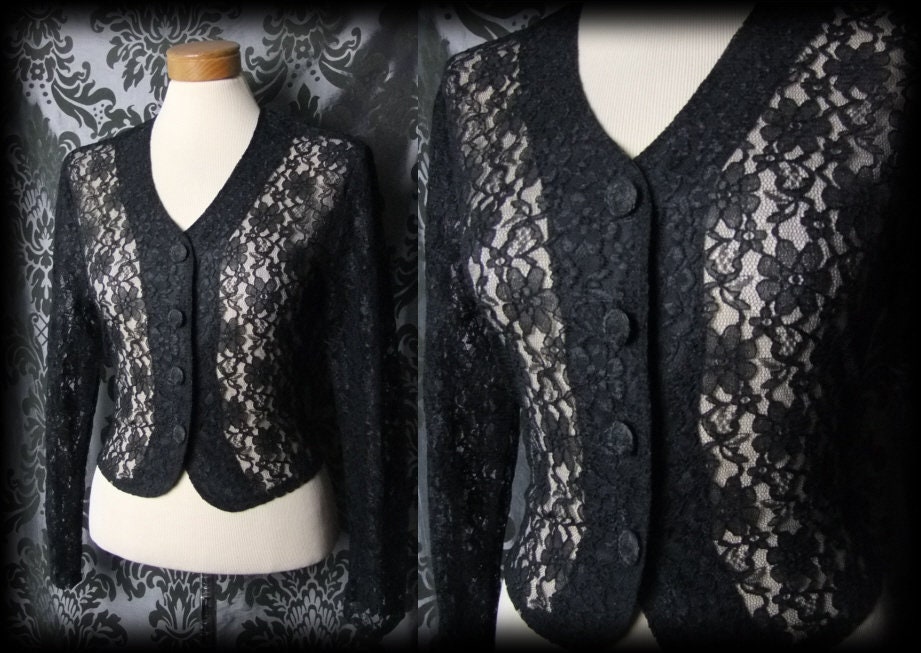 Image of Gothic Black Sheer Lace Suspicion Cropped Jacket Top   Victorian Vintage