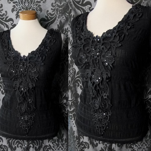Gothic Black Lace Bib Detail WHITECHAPEL Blouse Top 12 14 Victorian Vampyre