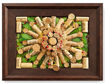 Wine Cork Mosaic Wall Art - Cork and Glass Flower - Handmade 3D Decor - 9x12 plus frame
