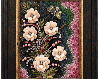 Rozenstruiken - ingelijste handgemaakte mozaïekkralen muurdecoratie - 8 x 10 "