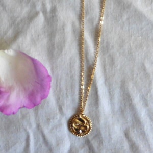 Peut inclure: Un collier en chaîne dorée avec un pendentif rond orné d'un motif détaillé. Le collier est sur un fond de tissu blanc.