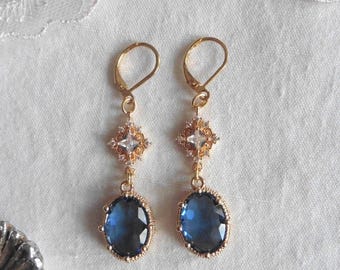 Edwardian oval Blue gold earrings, Blue sleepers, Regency earrings, Ren faire, Coquette aesthetic, elvish earrings, Blue wedding