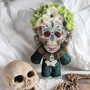 The Entomologist Green Vanity Art Doll, Day of the Dead, Memento mori, Santeria, Skull doll, Skeleton doll, Dias de muertos, Sugar skull