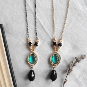 Mary Shelley, Dark Victorian Green Medallion Black Drop Necklace, Dark Academia necklace, Gothic gift, victorian necklace, Darkcore, Regency