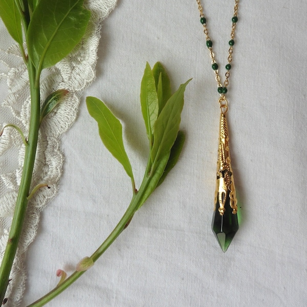 Collier Cottagecore Pendule larme cristal Sorcière Verte, Mori girl, Faune, Striga, Forêt, Mariage Elfique, Collier Gothique, Fée, Elfe vert