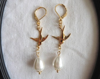 Holy Spirit Soaring Bird Pearl-drop Earrings Golden, Dark Academia, vintage wedding, Bird hoops,  Coquette earrings, Gothic earrings