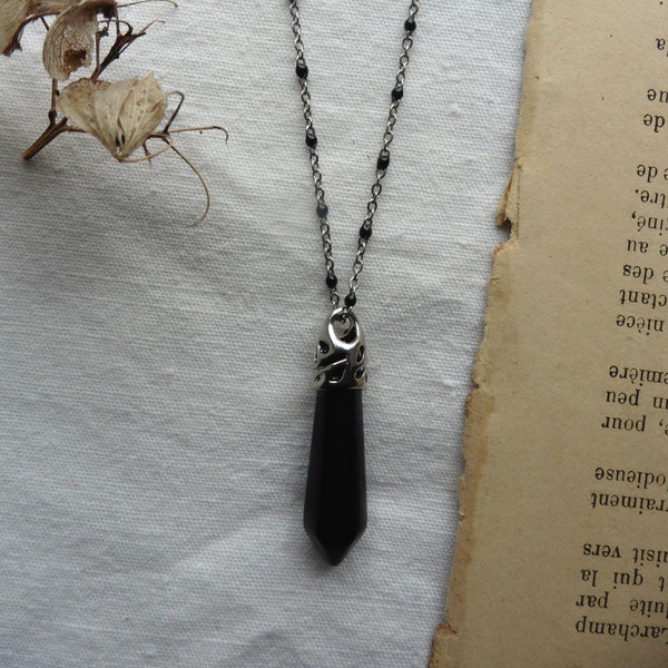 Collier Cristal Prisme Obsidienne noire, collier Onyx, Rosaire gothique, Lithothérapie, collier perlé, collier bohème, Reiki, Sorcière