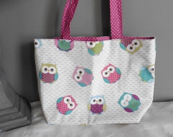 Small CHILD White Pink Pastel Owls Shopping Bag, Shoulder bag, handbag, Tote bag, shopper, girl bag, Spring bag, girl Gift, girl birthday