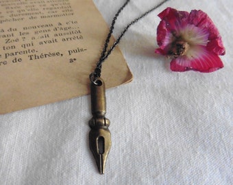 Cottagecore Collier Plume d'encre Stylo Vintage Bronze, Victorien, Cadeau Littéraire, Dark Academia, Steampunk, Gothique, écrivain, livre